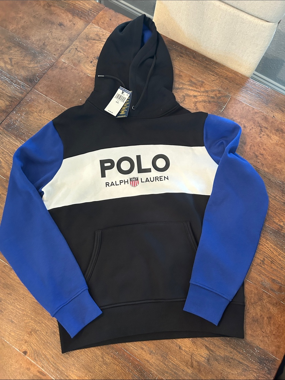 Polo by Ralph Lauren Black, White & Royal Blue Block Logo Hoodie NWT Sz M